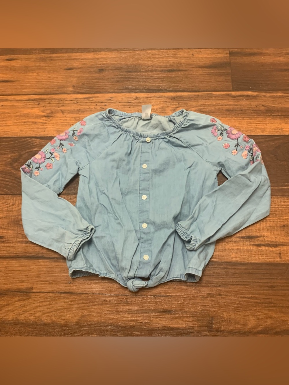 Carter's Girls Size 6 Chambray Embroidered Floral Tie Front Long Sleeve Shirt